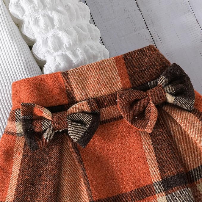 Fernvia Toddler Baby Girl Fall Winter Skirt Set Turtleneck Ribbed Long Sleeve T-Shirt Top & Plaid Skirts Dress 2Pcs Outfits