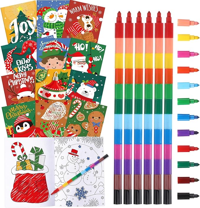 24 Pcs Christmas Coloring Book for Kids Bulk with 24 Crayons, Christmas Activity Books with Marker Xmas Stocking Goodie Bag Stuffers for Holiday Students Classroom Gifts Party Favors (Cute)