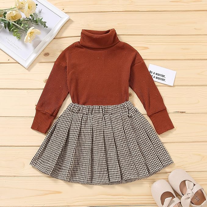 Fernvia Toddler Baby Girl Fall Winter Skirt Set Turtleneck Ribbed Long Sleeve T-Shirt Top & Plaid Skirts Dress 2Pcs Outfits
