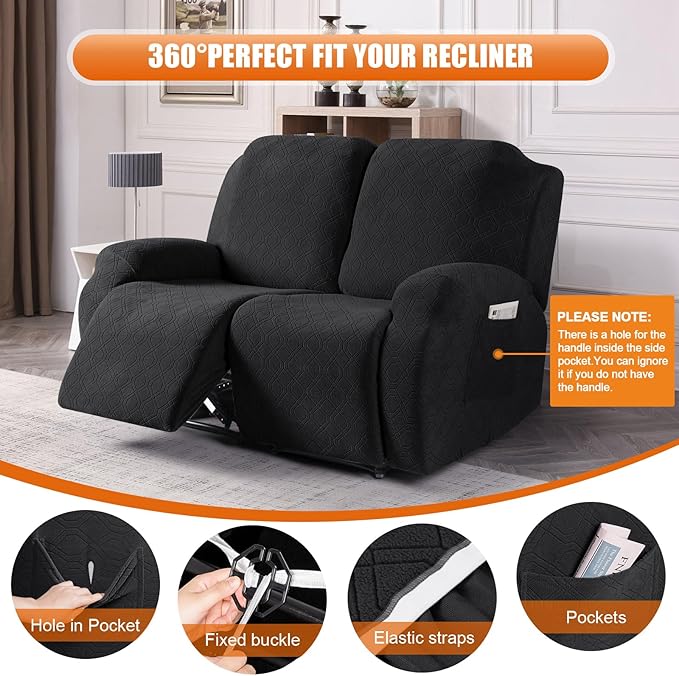 VANSOFY Recliner Cover, 2-Pieces Stretch Reclining Couch Cover with Pockets Loveseat Sofa Slipcovers Soft Washable Furniture Protector for Dogs Cats(Black)