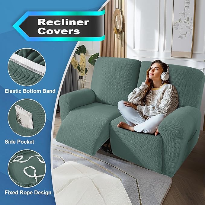 JIVINER 4 Pieces Recliner Loveseat Covers Stretch Recliner Sofa Slipcover with Elastic Bottom Jacquard Fitted Reclining Couch Cover Furniture Protector with Pockets (2 Seater, Pea Green)