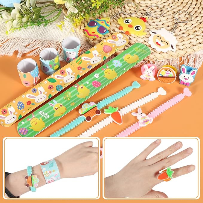 60 PCS Easter Egg Fillers, Easter Basket Stuffers with Slap Bracelets Rubber Wristbands Stickers Stampers Cars Ring Keychains Puffer Fidget Toys, Easter Party Favors, Classroom Prizes Gift Exchange