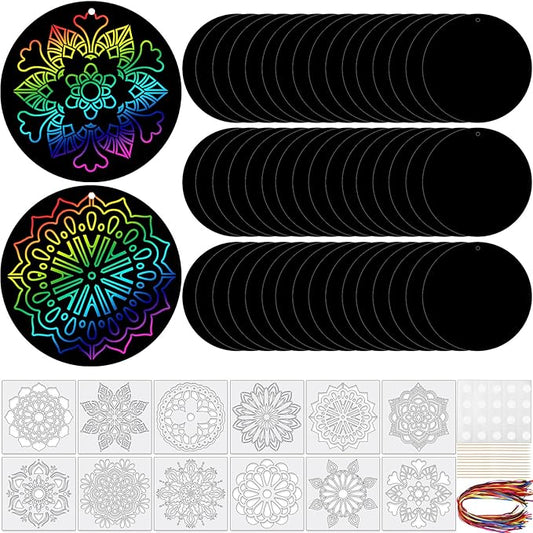 48 Pieces Mandala Scratch Cards Rainbow Xmas Scratch Paper for Kids DIY Round Ornaments with Drawing Stencils Wooden Stick and Ribbon Suitable Hobby for Adults, Kids, Teens and Seniors