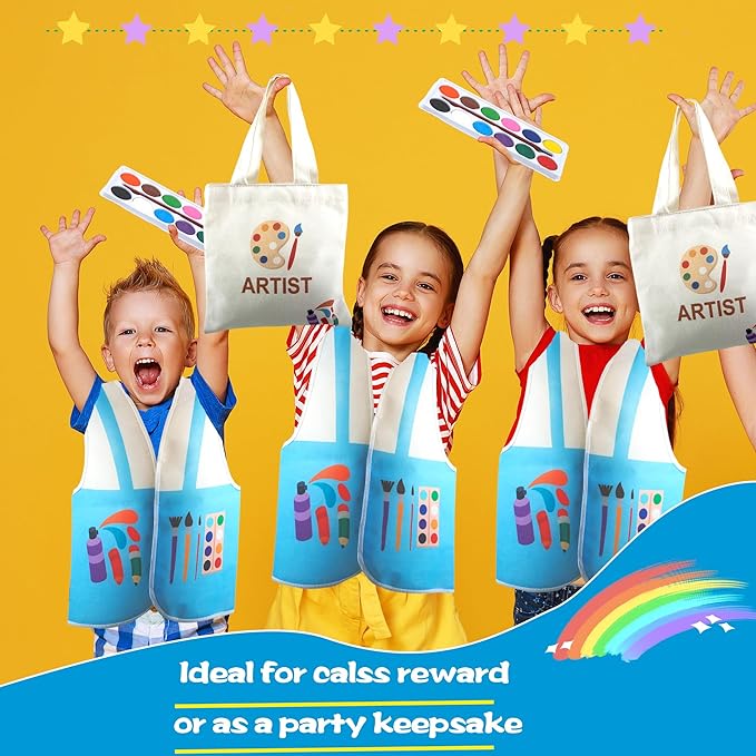 4 Pcs Child Artist Costumes Set Include Artist Painter Vest Mini Watercolor Paint Mini 3 x 3 Inch Canvas Wooden Easel with Artist Bags for Kids Halloween Career Dress Up Painting Party
