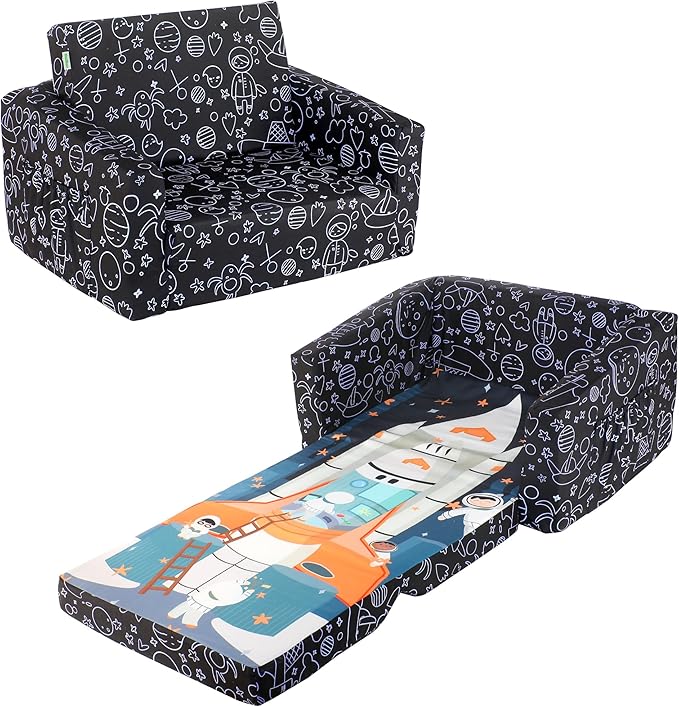 MallBest Kids Sofas Children's Sofa Bed Baby's Upholstered Couch Sleepover Chair Flipout Open Recliner (Black/Rocket)