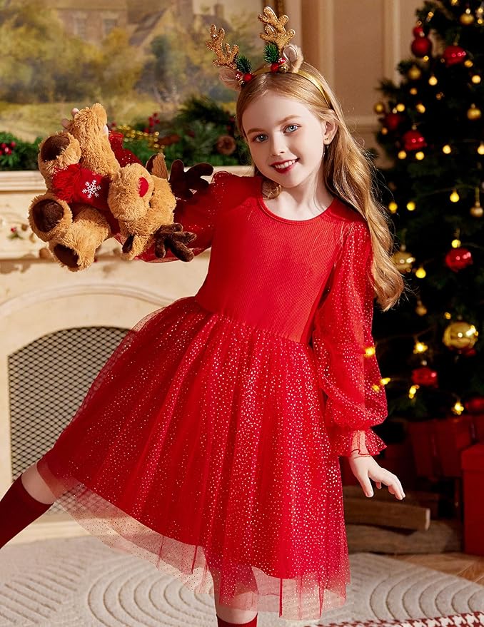 Arshiner Toddler Christmas Dress Girls Sequin Tulle Puff Long Sleeves Tutu Dress Princess Birthday Party Clothes 1-6T