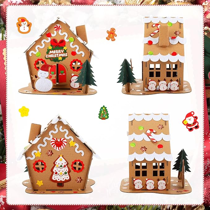 6 Sets Christmas Gingerbread House Kit Christmas Crafts for Kids Mini Christmas Cardboard Make-a-Gingerbread House Craft for Boy Girl Christmas Party Game Craft Supplies(Classic Style)