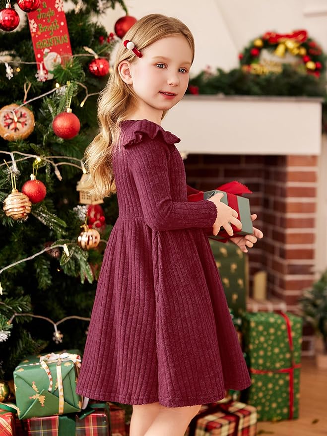 Arshiner Toddler Girl Dress Baby Girls Knitted Ruffle Sleeve Pocket Dresses A-Line Flared Fall Winter Clothes for 2-8 Years