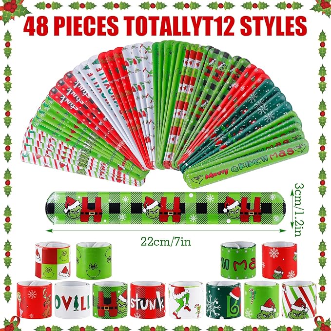 48PCS Christmas Slap Bracelets, Christmas Party Favors Toys for Kids Xmas Slap Wristbands Snap Bracelets Bulk for Christmas Stocking Stuffers Decoration Gifts Bag Filler