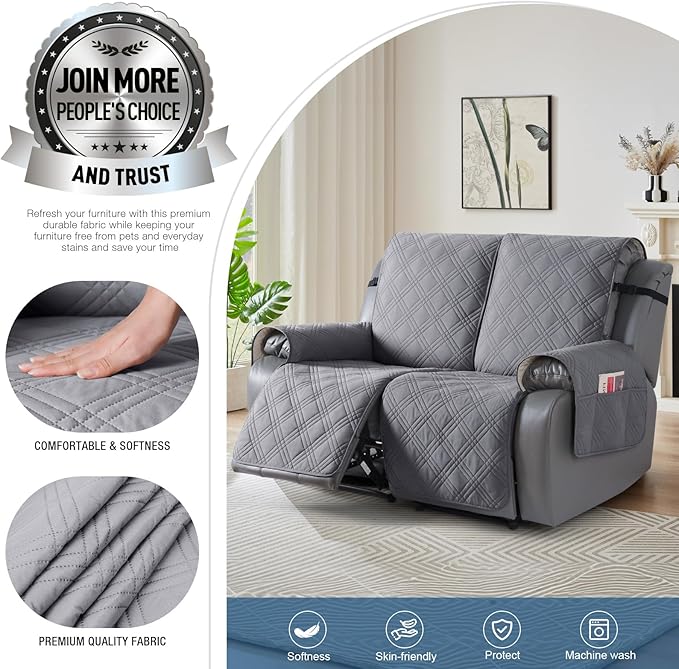 TAOCOCO 100% Waterproof Loveseat Recliner Cover, Non Slip Split Loveseat Covers for Reclining Loveseat with Elastic Straps, Washable Recliner Chair/Furniture Protector for Kids Pets(2 Seater, Gray)