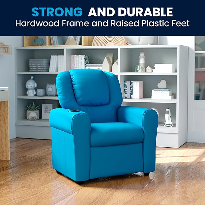 Flash Furniture Vana Vinyl Kids Recliner with Cup Holder, Headrest, and Safety Recline, Contemporary Reclining Chair for Kids, Supports up to 90 lbs., Turquoise