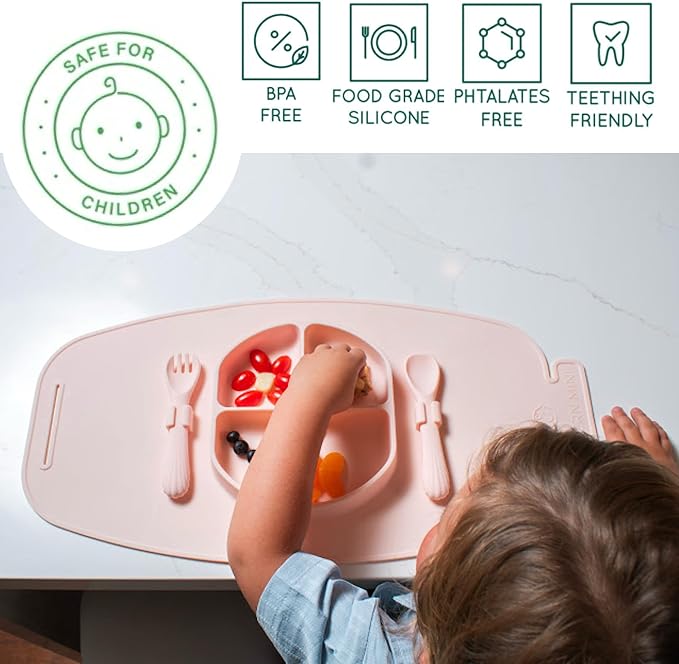 Modern Mini - Silicone Suction Plate, Baby Toddler, Divided Plate with Fork & Spoon - Unbreakable, Non-Toxic, Food Grade Silicone, Strong Suction Grip, Spill Proof, & Foldable for Travel!