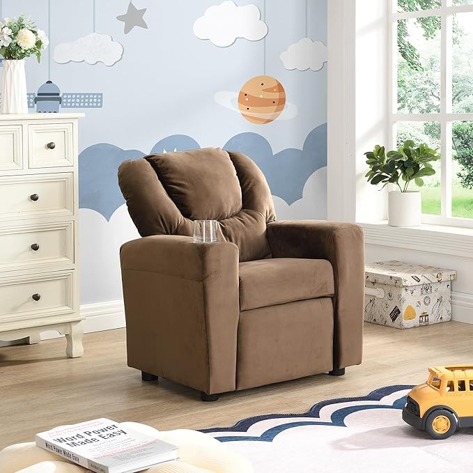 21.3" Kids Recliner Chair,Toddler Armchair Upholstered Couch with Cup Holder, Backrest,Children Upholstered Seating Sofa w/Headrest and Footrest,for Child's Bedroom,Brown