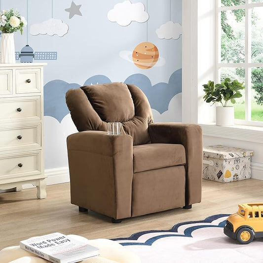 21.3" Kids Recliner Chair,Toddler Armchair Upholstered Couch with Cup Holder, Backrest,Children Upholstered Seating Sofa w/Headrest and Footrest,for Child's Bedroom,Brown