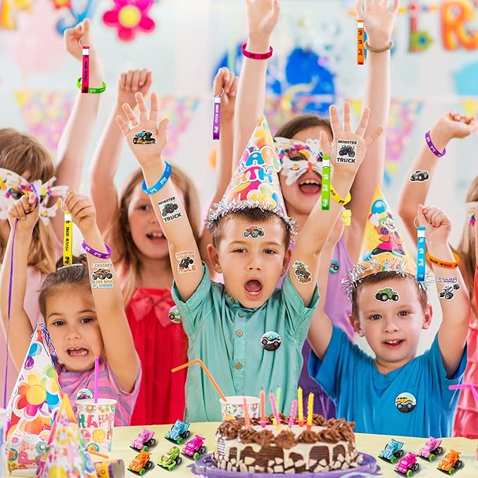 ANGOLIO 110Pcs Monster Truck Party Favors Kits, Favors All-in-One Pack Party Supplies Include Monster Truck Stickers Keychain Bracelet Badge Car Face Stickers for Boys Kids Birthday Party Supplies