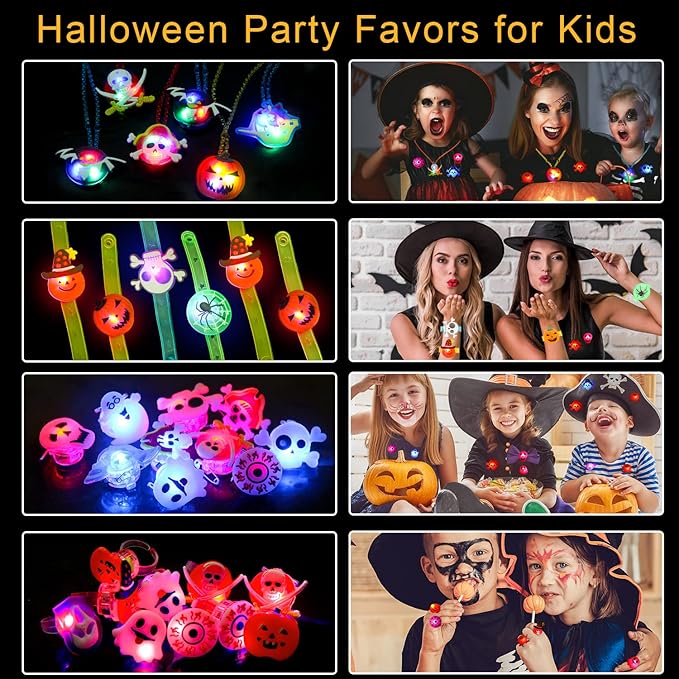 32Pcs Halloween Light Up Ring Necklaces Bracelets Toys Halloween Party Bag Fillers for Kid Adult Glow in the Dark Non Candy Gift Bags