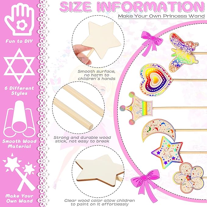 42 Pcs Princess Fairy Wands Kit, Include 36 Pcs Wooden Unfinished Wand DIY Princess Wand with 6 Sheet Colorful Diamond Sticker for Girls Make Your Own Princess Wand, Cosplay Costume Party Favor