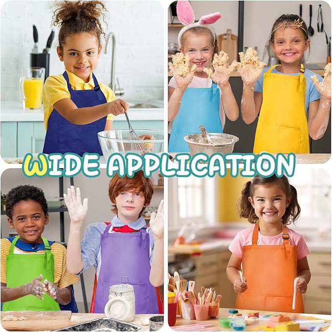 20Pcs Kids Chef Aprons Bulk, Child Aprons Art Aprons Set, Adjustable Children Kitchen Chef Aprons with 2 Pockets for Boys Girls Cooking Painting, 20 Color(L for 7-13 Age)