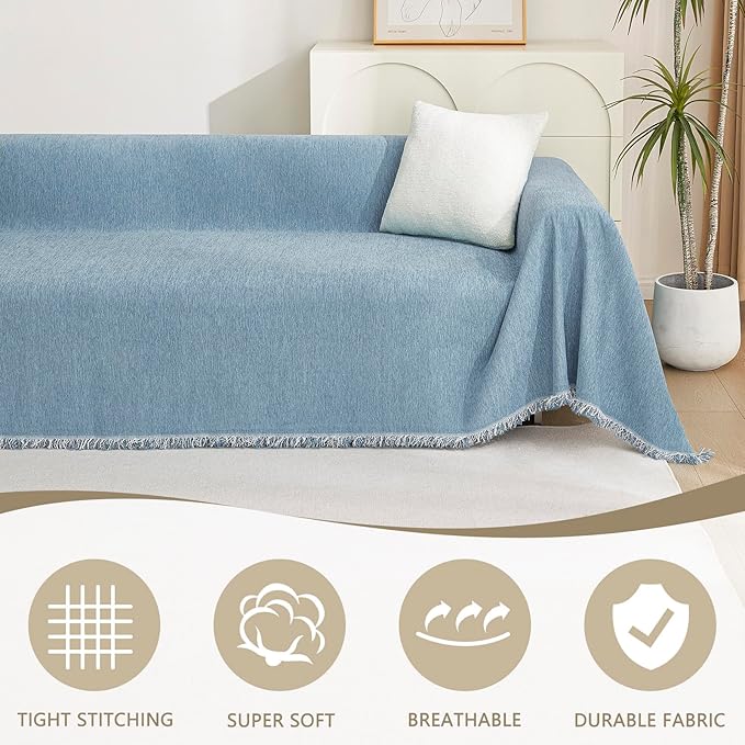 MYSKY HOME Couch Covers Loveseat Couch Cover Blanket Blue Chenille Sofa Covers with Tassel Edge Living Room Large Futon Sofa Slipcovers Simple Practical Furniture Protector for Dogs Pet 91"x 118"