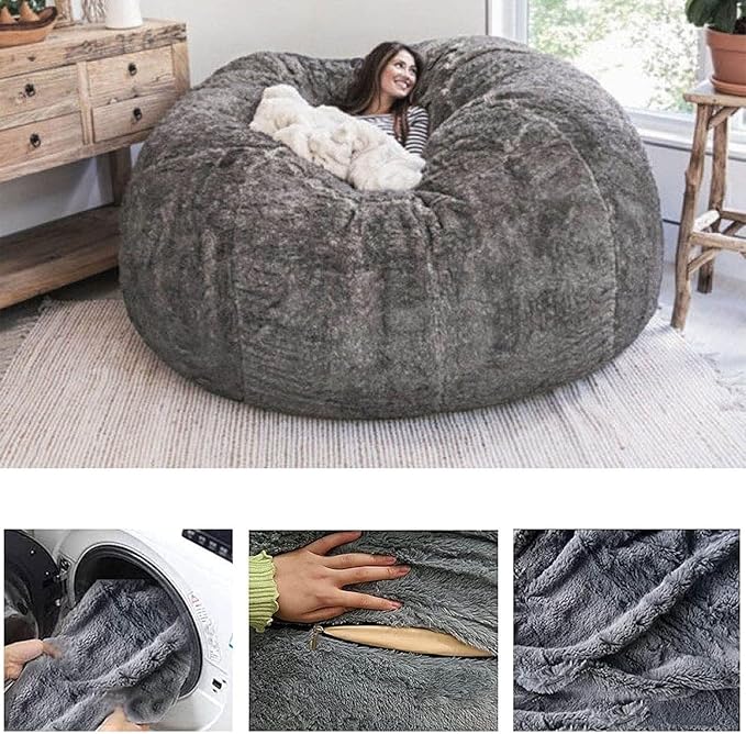 DELADOLA Bean Bag Cover(NO Filler,Cover ONLY) Big Bean Bag Storage Chair Bean Bag Sofa Chair Soft Fluffy Fur Portable Living Room Sofa Bed Cover (Rose Red, 6FT)