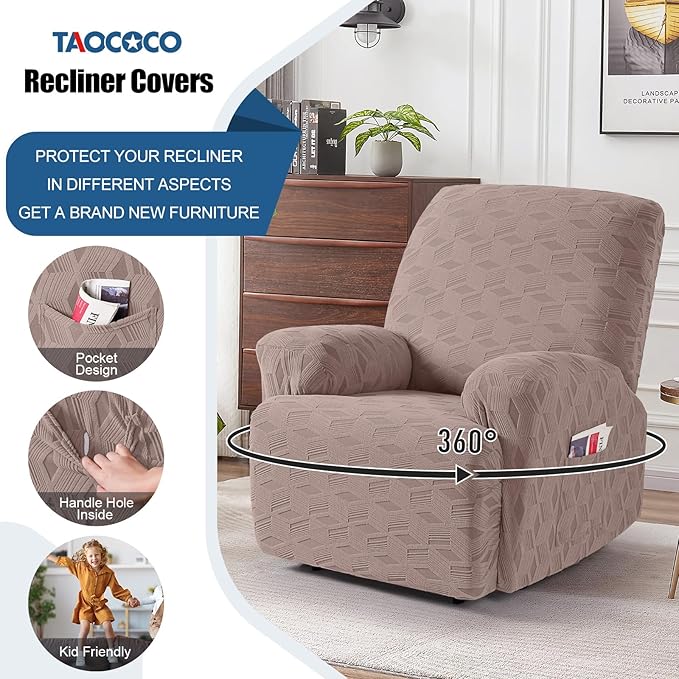 TAOCOCO Oversized Recliner Cover Stretch Recliner Chair Covers, Jacquard Reclining Chair Cover, Furniture Protector Sofa Slipcovers Couch Covers with Elastic Bottom for Kids, Pets (Khaki)