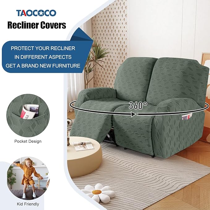TAOCOCO Recliner Loveseat Cover, Stretch Jacquard Reclining Loveseat Cover Furniture Protector Sofa Slipcovers 2 Seat Recliner Covers with Elastic Bottom for Kids, Pets (Grey Green)