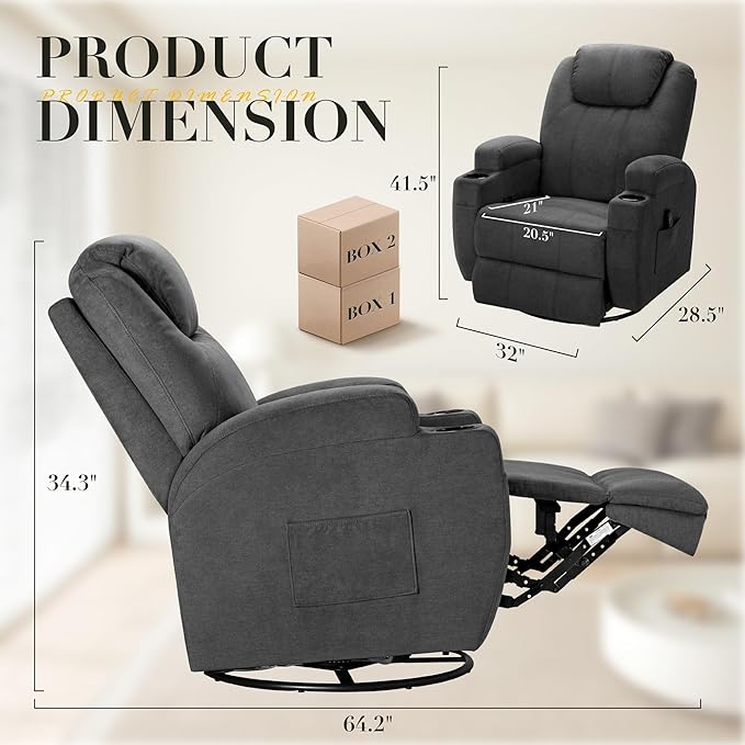 Recliner Chair, 360° Swivel Rocker Chair for Adults, Rocking Recliner Chair with Massage, Comfy Single Sofa with Side Pockets Cup Holders for Living Room, Bedroom, Nursery (Fabric, Gray)