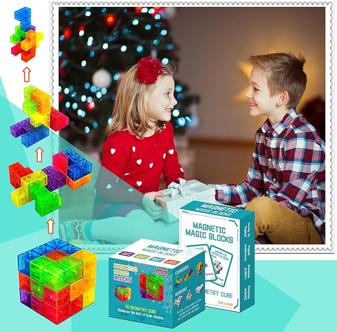 Magnetic Building Blocks Magic Magnetic 3D Puzzle Cubes, Set of 7 Multi Shapes Magnetic Blocks with 54 Guide Cards,Parent-Child Interactive Children's Educational Toys (7color)