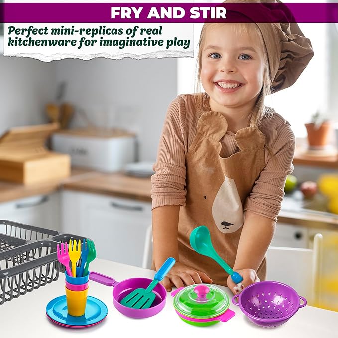 Kids Play Dishes for Kids Kitchen Playset Accessories - 27Pcs Kitchen Toy Dishes for Kids Kitchen Accessories Kids Play Plates and Bowls Sets - Kids Dishes Playset for Outdoor Play Kitchen Accessories