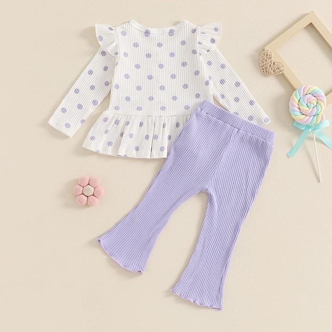 Mubineo Toddler Baby Girl Clothes Cute Ribbed Outfits Knit Long Sleeve Shirt Tops Bell Bottom Pant Fall Winter Outfit
