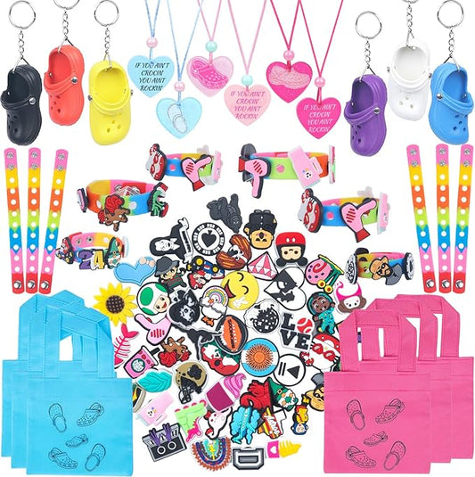 74PCS Shoe Charms Theme Party Favors, Shoe Keychain Charms Bracelets for Kids Silicone Wristbands