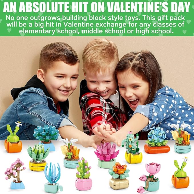 24 Pack Valentines Day Gifts for Kids 6-12, Succulents Flower Bouquets Building Blocks with Gift Cards for School Classroom, Boy Girl Class Valentine Party Favors Exchange Gift Goodie Bag Stuffers