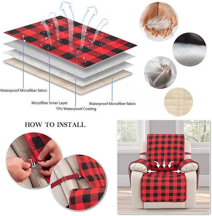 TOMORO Non-Slip Quilted Recliner Cover, 100% Waterproof Recliner Chair Slipcover Furniture Protector with Pockets, Washable Couch Cover with Elastic Straps for Kids and Pets，23 Inch