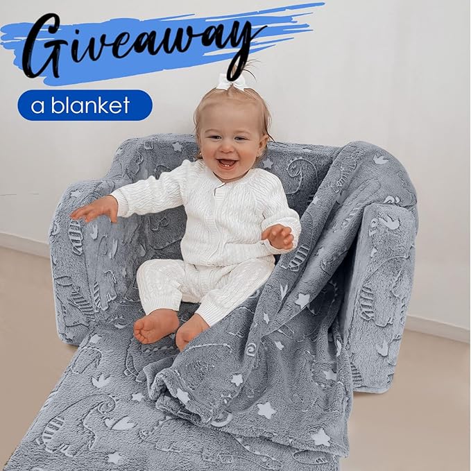 MeMoreCool Kids Dinosaur Couch, Foldable Toddler Chair, Glow in The Dark Convertible Sofa Bed, Fold Out Lounge for Boys Ages 1-3 in Playroom, Comfy Recliner Lounger (Grey)