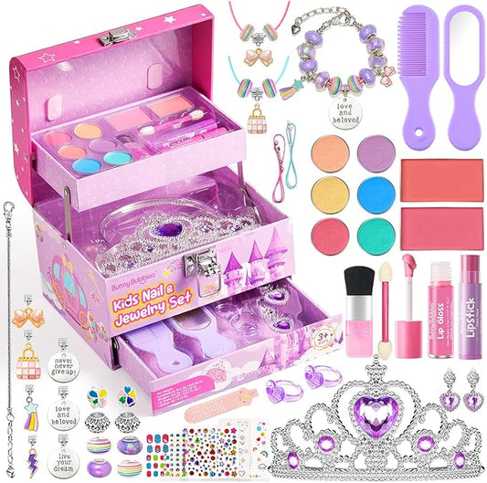 Kids Makeup Kit for Girls, Real Washable Cosmetic Set with Mirror, Jewelry Bracelet Making Kit for Kids Makeup Toy, Kids Makeup Sets for Girls 4 5 6 7 8 9 10 11 12 Years Old Kid (Purple)