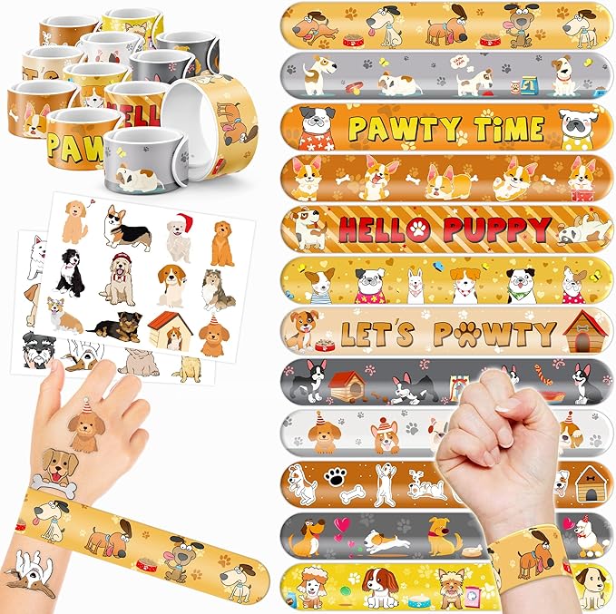 48PCS Dog Party Favors - 24PCS Tattoos & 24PCS Snap Bracelets - Puppy-Themed Birthday Supplies, Cute Decorations, Classroom Prizes, Gifts for Kids