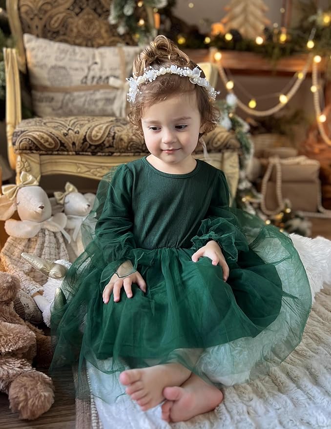 Arshiner Toddler Christmas Dress Girls Sequin Tulle Puff Long Sleeves Tutu Dress Princess Birthday Party Clothes 1-6T