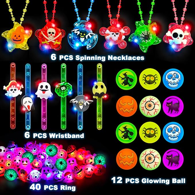 64Pcs Halloween Party Favors for Kids, Glow in The Dark Halloween Toys Bulk Light Up Rings Necklaces Bracelet Halloween Goodie Bag Fillers Stuffers Halloween Treats for Classroom Prizes Trick or Treat