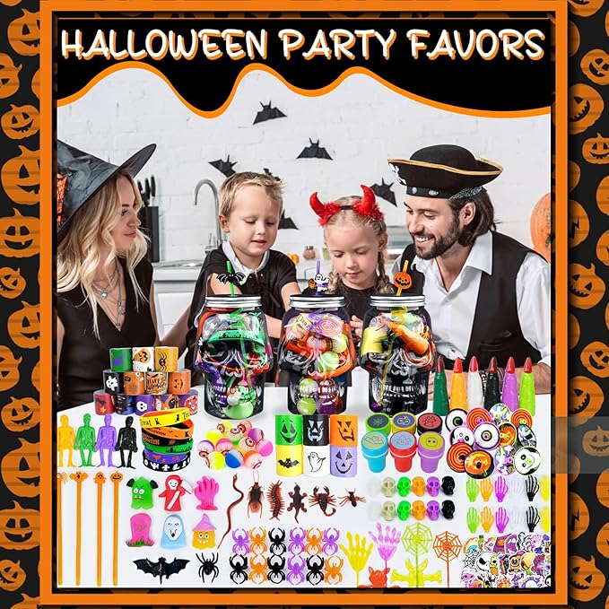 200Pcs Halloween Party Favors, Bulk Halloween Toys for Halloween Treats Non Candy Classroom Prizes Goodie Bag Stuffers Pinata Filler, Halloween Gifts for Kids Prizes Party Supplies,Treasure Box Toys