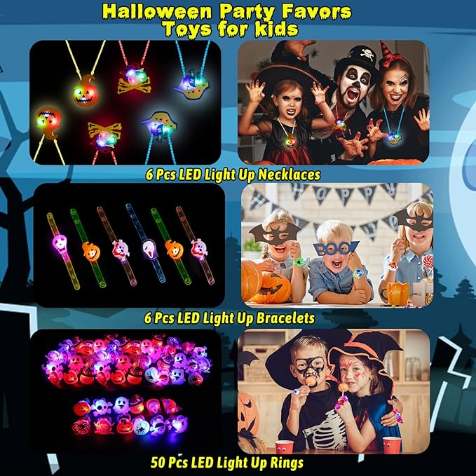 KIMOBER 62PCS Halloween Party Favors for Kids,Glow Rings Necklaces Bracelets,Light Up Halloween Toys Glow in the Dark Party Supplies for Halloween Candy Bag Fillers Decorations