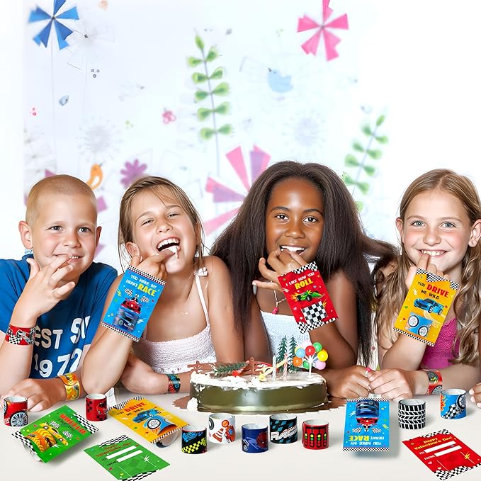 ANGOLIO 28 PCS Valentine's Day Race Cars Slap Bracelet with Gift Cards for School Greeting Gifts Exchange Valentine's Day Race Car Toys Set Classroom Prize Goodies Bag