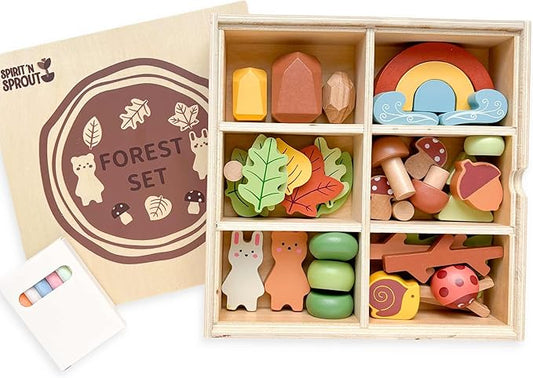 38 pcs Wooden Forest Sensory Bin - Montessori Toys for 4 Year Old - Wooden Blocks for Toddlers 3-5 - Sensory Toys for Kids 5-7 - Preschool Learning Activities- Tinker Toys