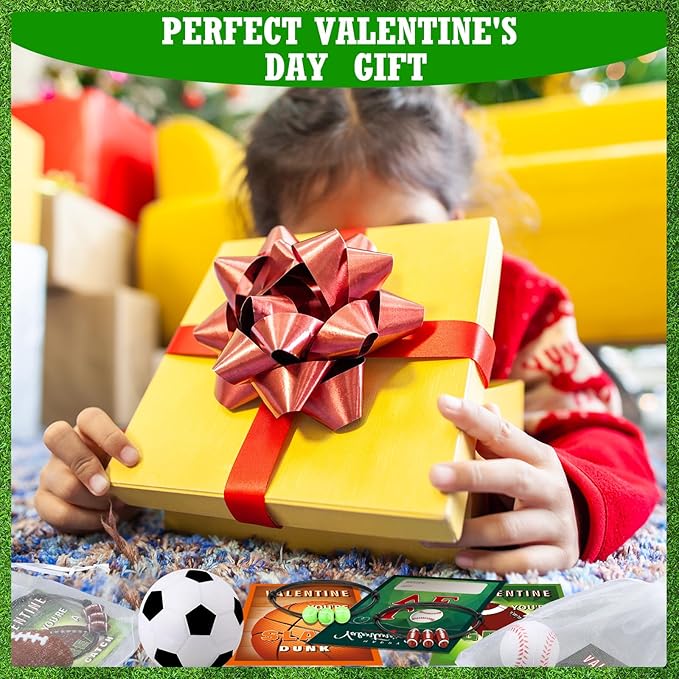 144 Pcs Valentine's Day Sports Gift Cards Valentines Party Favors Sports Greeting Cards with Stress Balls Bracelet Favors for Valentines Sports Team