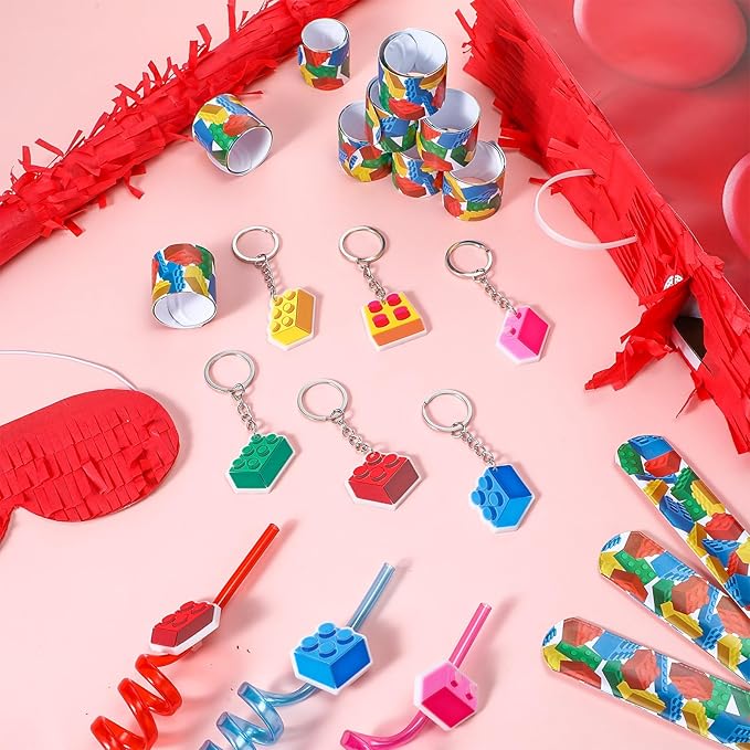25 Pcs Building Blocks Party Supplies Fiesta Piñata Bundle with Blindfold Bat Stick and Confetti 12 Slap Bracelets 6 Keychain 6 Straws Building Block Theme Birthday Carnival Party Decoration