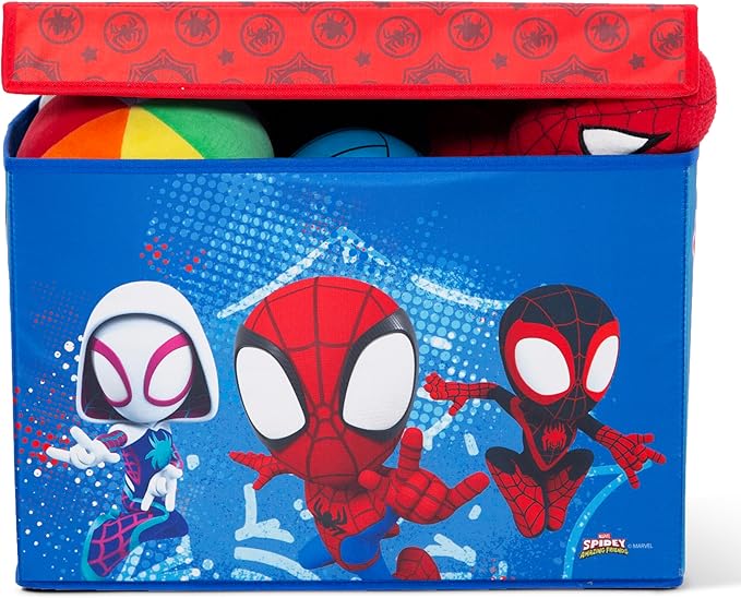 Delta Children - Marvel Spidey and His Amazing Friends 4-Piece Toddler Room-in-a-Box Set – Includes Sleep and Play Toddler Bed, Table, 1 Chair and Fabric Toy Box, Blue/Red