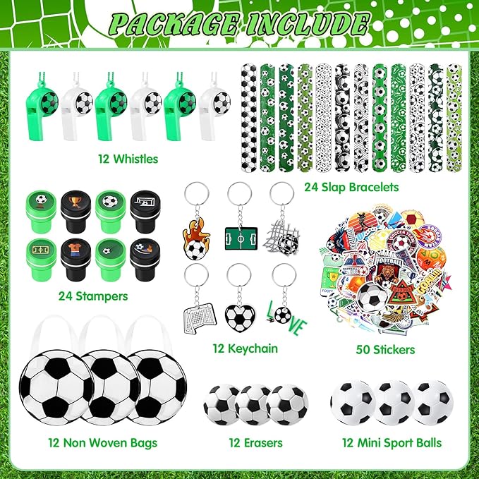 Aoriher 158 Pcs Soccer Party Favors Set Bulk Sport Non Woven Gift Bags Slap Bracelets Mini Bouncy Balls Toy Whistle Keychains Sticker Stampers for Sport Party Supplies(Soccer)