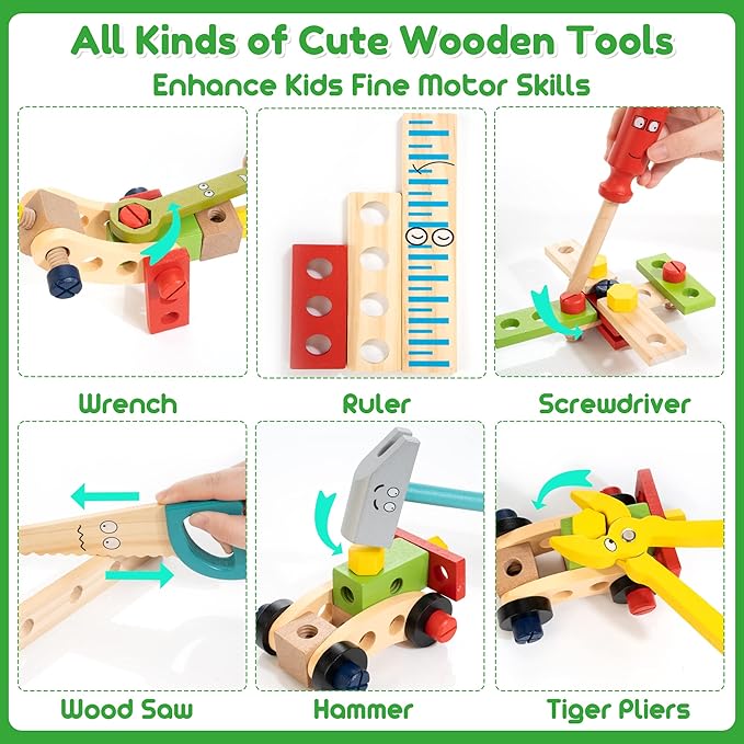 Bravmate Toddler Tool Set with Portable Tool Box & DIY Stickers, Wooden Kids Tool Sets for Boys Girls Age 2-4, STEM Montessori Educational Preschool Toys, Birthday Gifts for 3+ Years Old