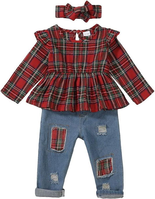 Mioglrie Toddler Baby Girl Clothes 2T 3T 4T 12 18 24 Months Toddler Fall Winter Girls Outfit Jeans Pants Clothing Set