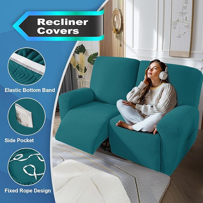 JIVINER 4 Pieces Recliner Loveseat Covers Stretch Recliner Sofa Slipcover with Elastic Bottom Jacquard Fitted Reclining Couch Cover Furniture Protector with Pockets (2 Seater, Teal)