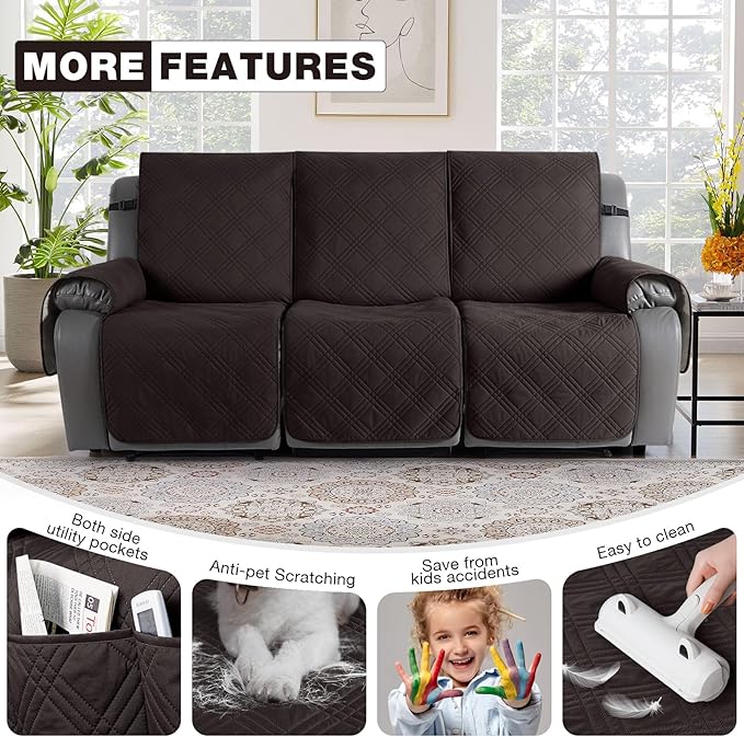 TAOCOCO 100% Waterproof Recliner Sofa Covers 3 Seater, Split Couch Covers for Reclining Couches for Kids Pets, Non Slip Reclining Couch Covers Furniture Protector with Straps(3 Seater, Coffee)